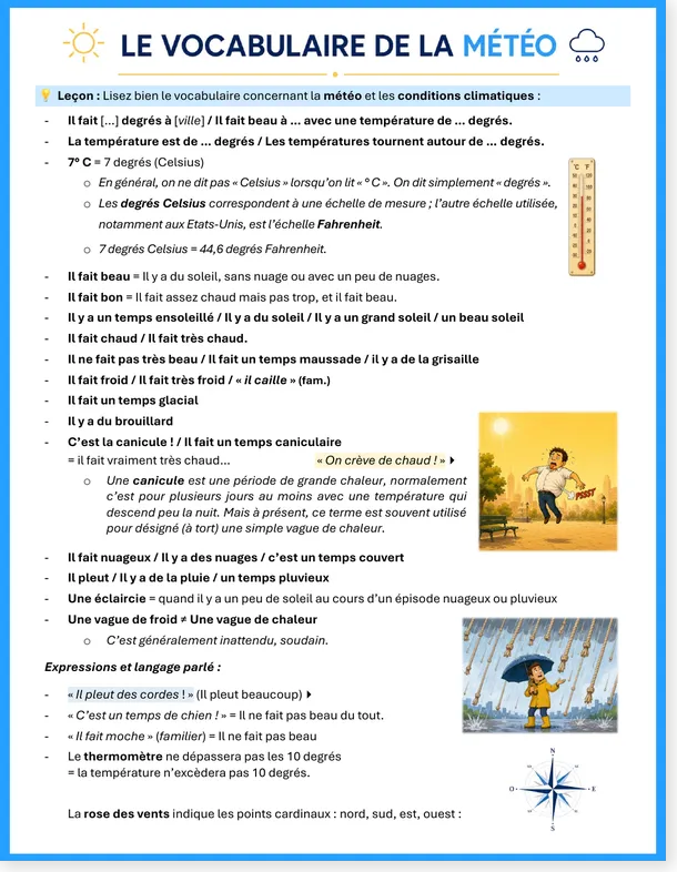 Read more about the article French Weather Vocabulary Worksheet – Forecast and Exercises (with free PDF)