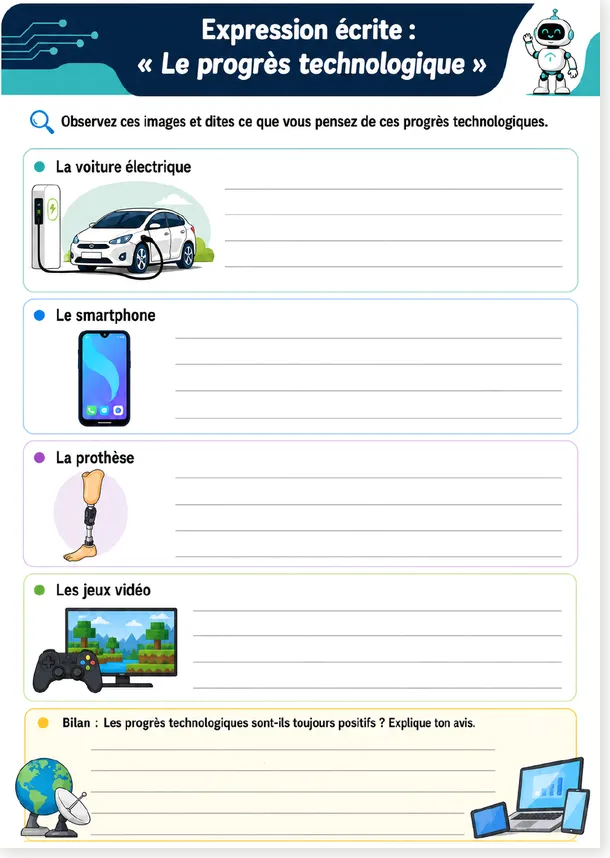 Colourful A4 French writing worksheet about technological progress