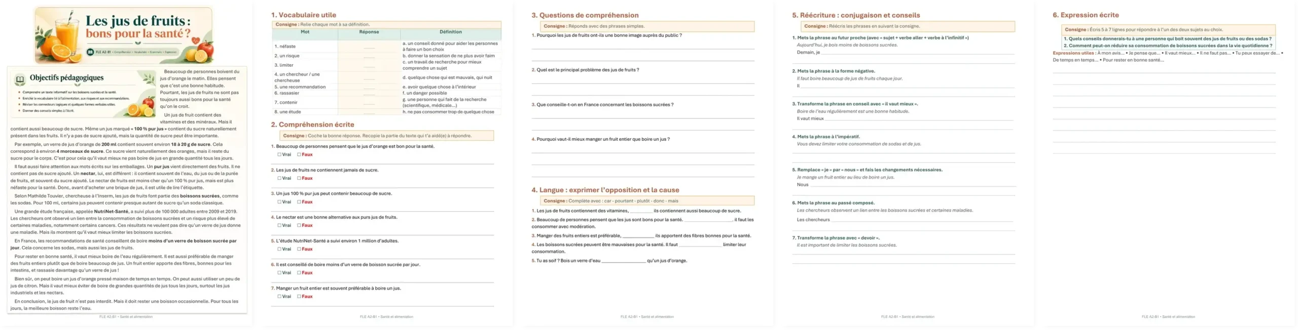 Full preview of the 5-page French worksheet about fruit juices and health