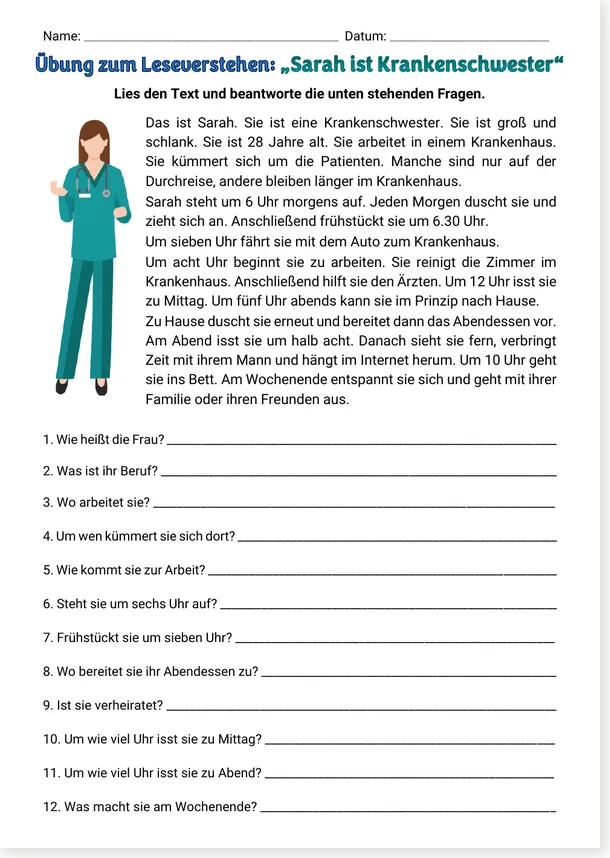 Preview of version 2 of the German reading worksheet Sarah ist Krankenschwester