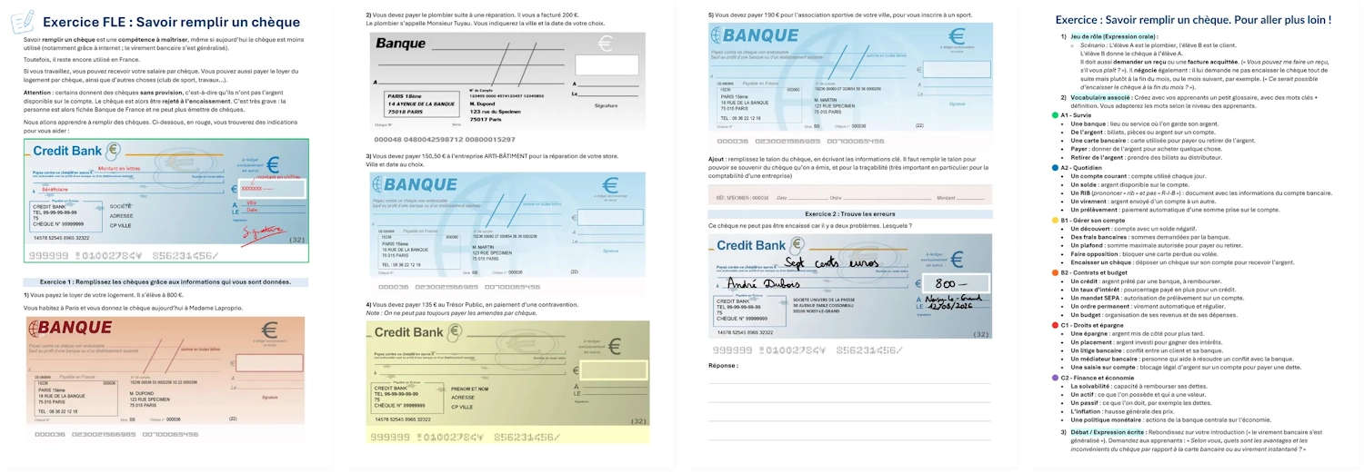 Four pages of the new check worksheet: lesson, situations, error spotting and answer key