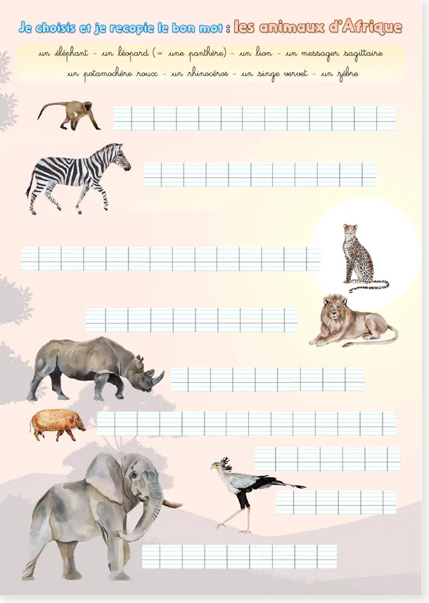 African animals French worksheet preview