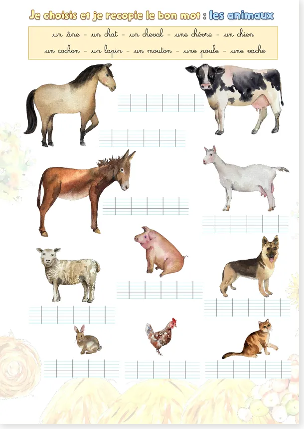 Farm animals French worksheet preview