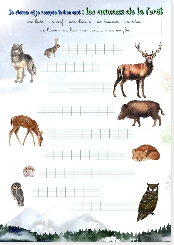Forest animals French worksheet preview