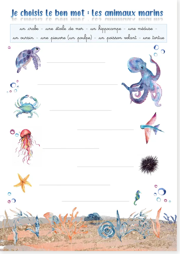 Marine animals French worksheet preview