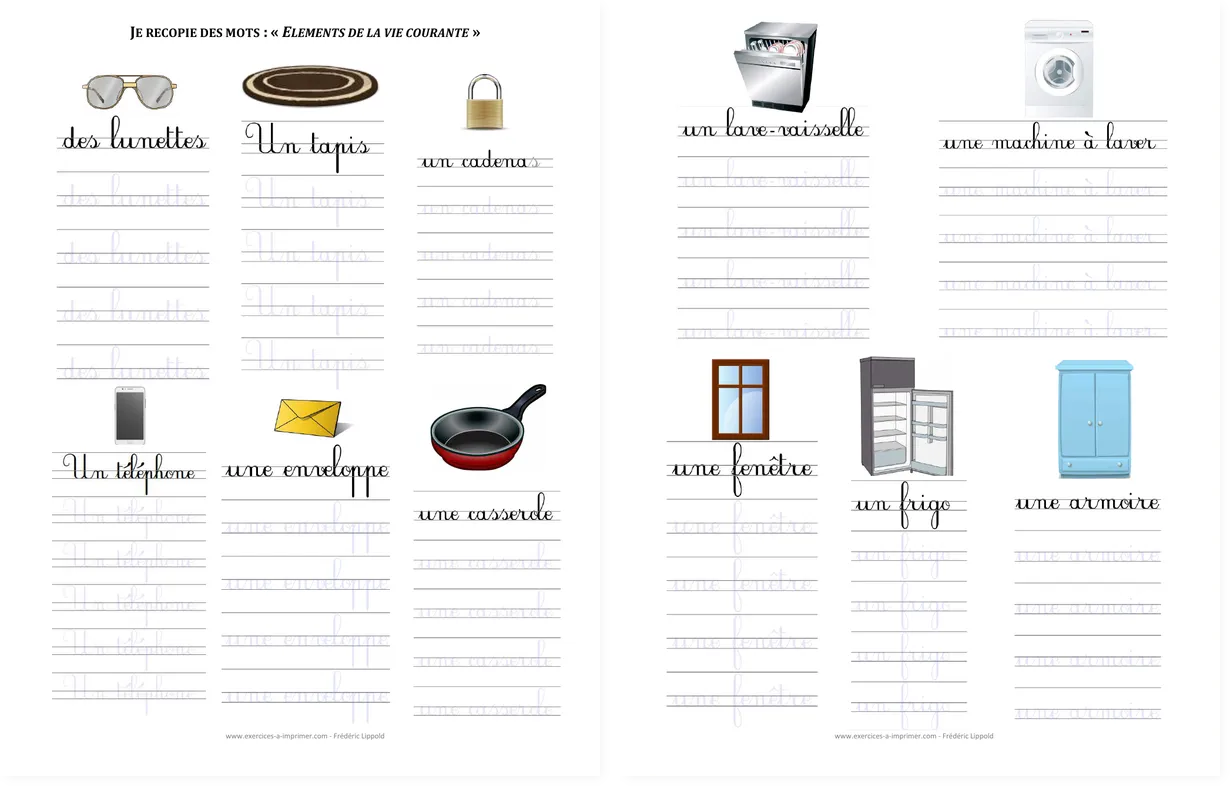 Preview of the older two-page French everyday life words copywork worksheet
