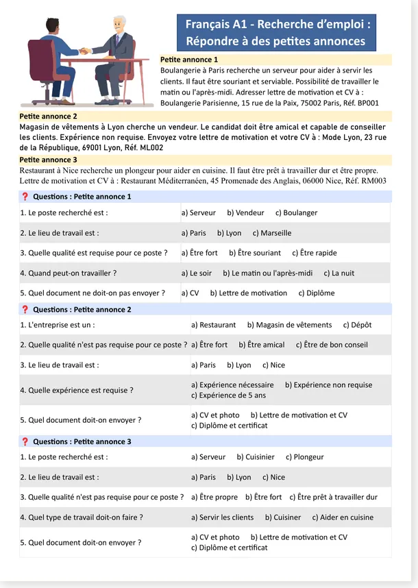 A1 French job advertisements worksheet preview