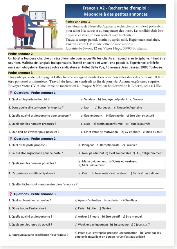 A2 French job advertisements worksheet preview