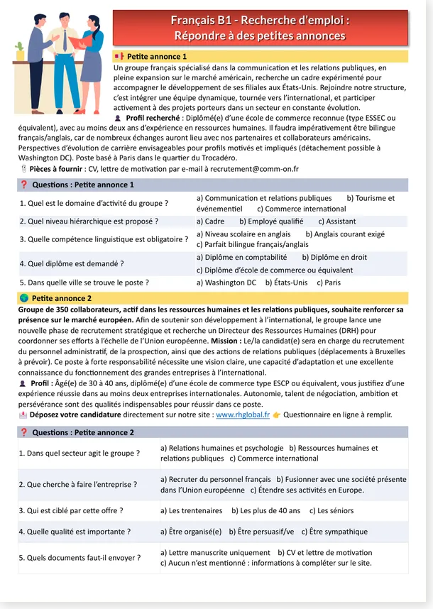 B1 French job advertisements worksheet preview