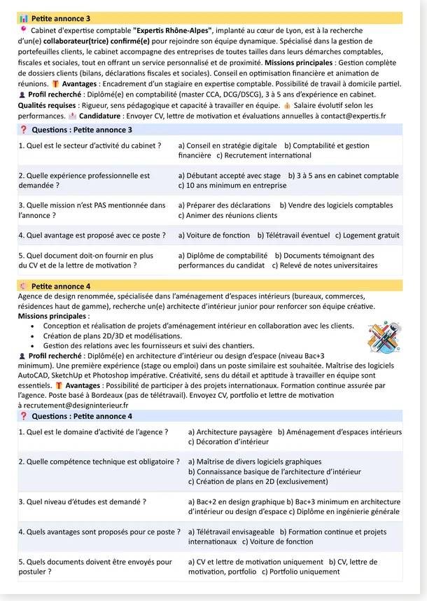 B1 French job ads worksheet page 2
