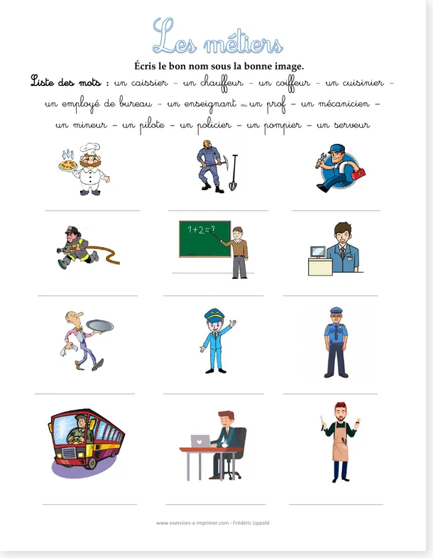 French jobs writing worksheet preview