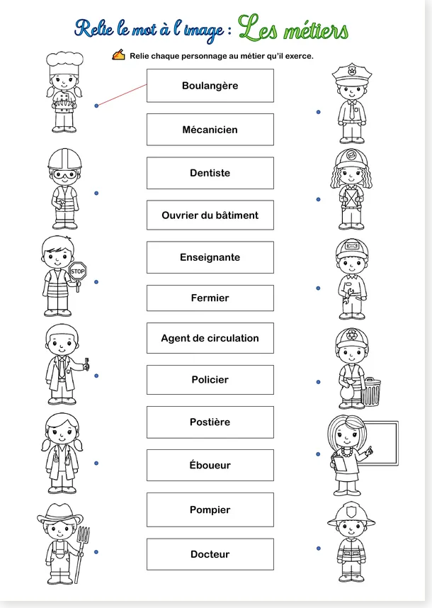 French jobs matching worksheet in print