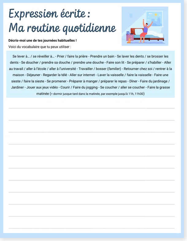 Read more about the article French Daily Routine Writing Worksheet – A1-A2 PDF and DOCX
