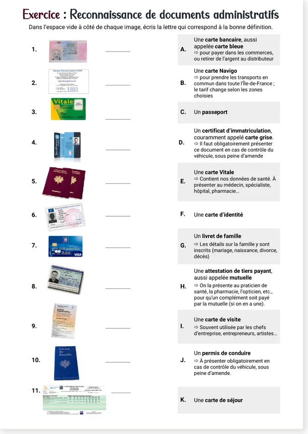 French worksheet: match eleven administrative documents to their definitions