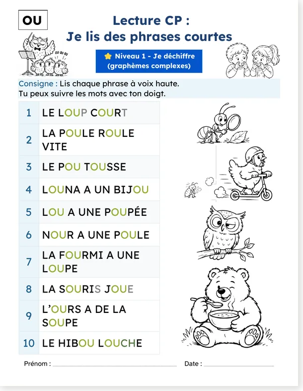 French reading worksheet, grapheme OU: 10 short sentences in lowercase