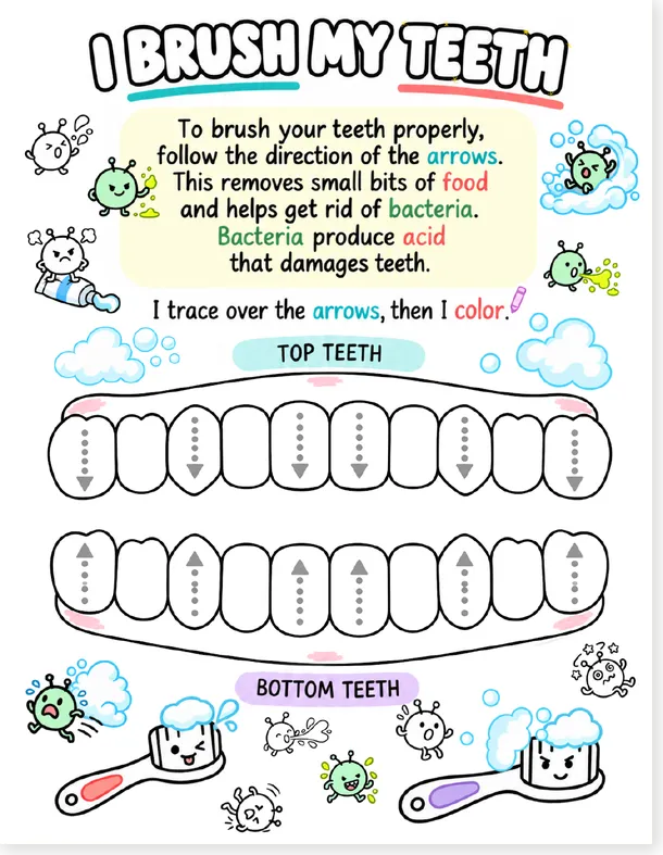 Brush your teeth tracing and coloring worksheet