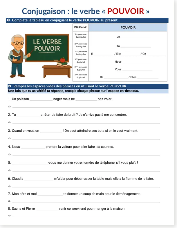 Worksheet preview: 📚 Conjugation Practice: POUVOIR (Level A1–A2)