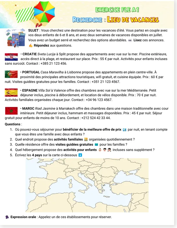 Worksheet preview: French Reading: Finding a Vacation Destination (A1 & A2, with Free PDF): image 1