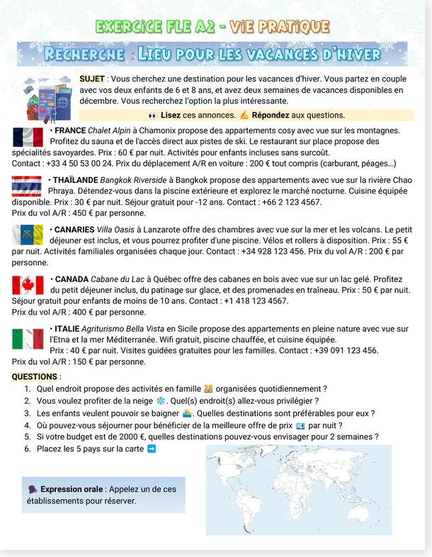 Worksheet preview: French Reading: Finding a Vacation Destination (A1 & A2, with Free PDF): image 2