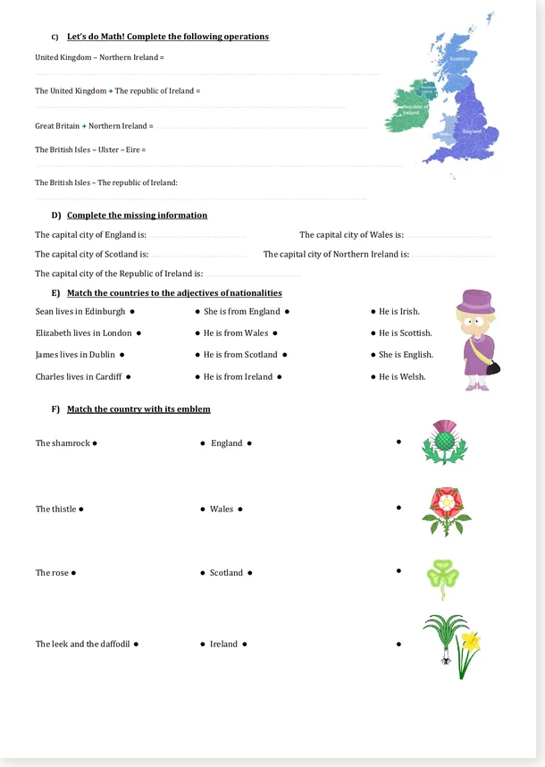 British Isles English worksheet page 2 with capitals, nationalities and national emblems