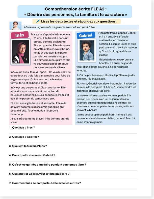 FLE worksheet A2: describing people, family and personality