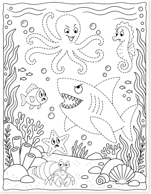 Shark vs octopus tracing worksheet, black and white version to trace and color