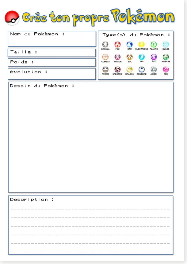 Crée ton Pokémon worksheet, version 1: the simple card