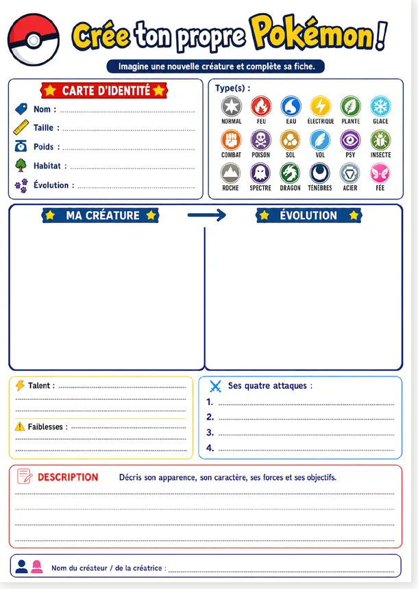 Crée ton Pokémon worksheet, version 2: the complete card