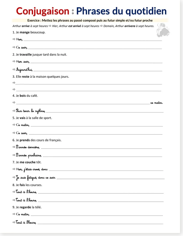 Worksheet preview: French Daily Life Sentences - Passé Composé & Future