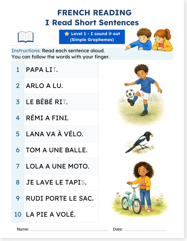 French reading worksheet with simple graphemes preview