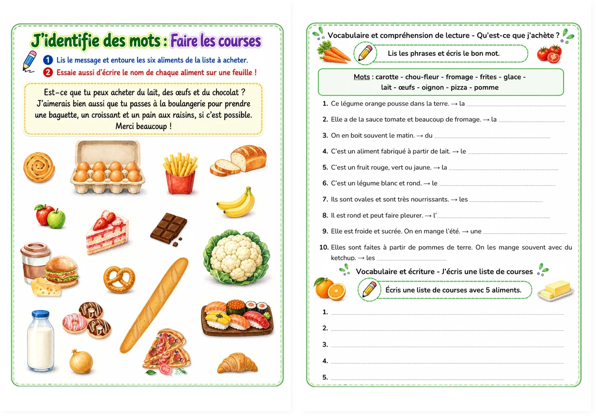 French shopping list worksheet, both pages: message, riddles and writing task
