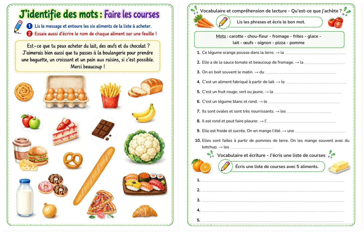 French shopping list worksheet preview