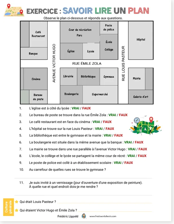 Worksheet preview: French Map-Reading Worksheet – Savoir Lire un Plan (A1-A2) – Free PDF