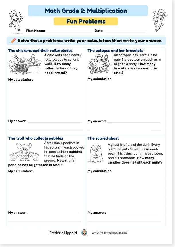 Grade 2 multiplication worksheet with 4 fun problems, free version