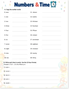 Read more about the article Numbers and Time – Free Worksheet – Writing Numbers and Telling Time in English
