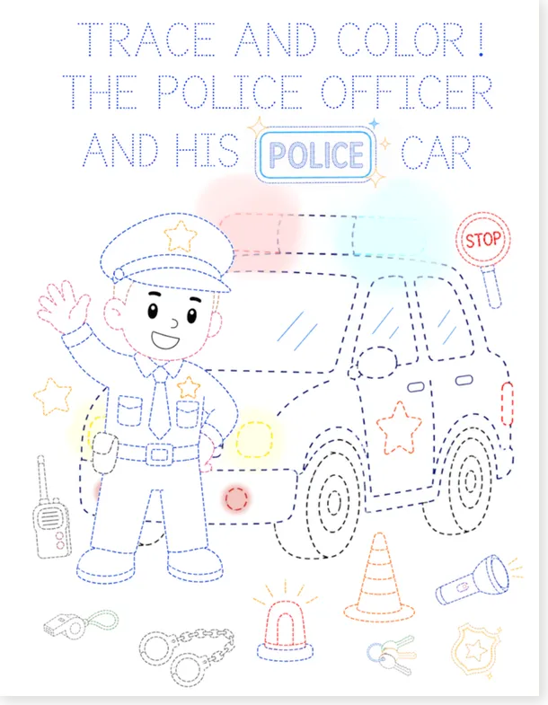 Police officer and car tracing page