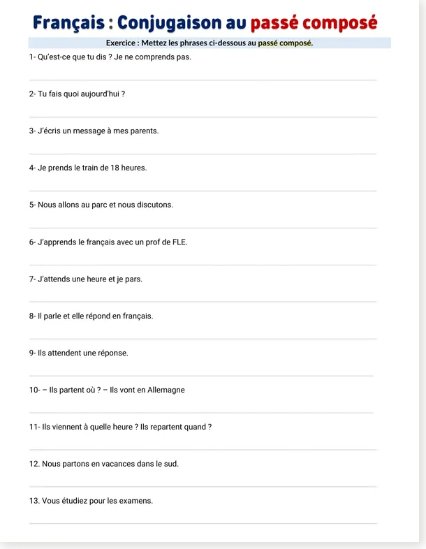 Worksheet preview: French Passé Composé Worksheet: 13 Sentences + Answer Key (Free PDF)