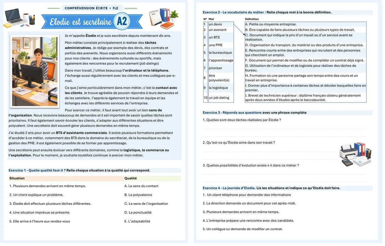 Preview of the complete French A2 Élodie is a secretary worksheet