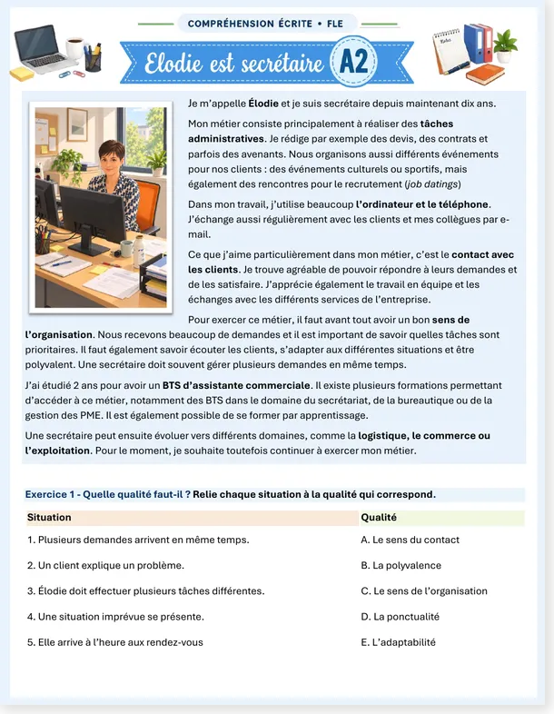 French reading comprehension A2 Élodie is a secretary worksheet first page