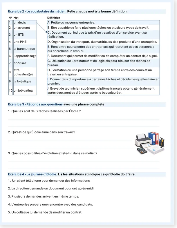 French reading comprehension A2 Élodie is a secretary worksheet second page