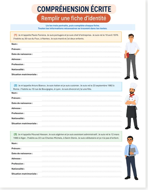 Worksheet preview: French Reading Worksheet: Filling Out an ID Form (A1-A2, Free PDF)
