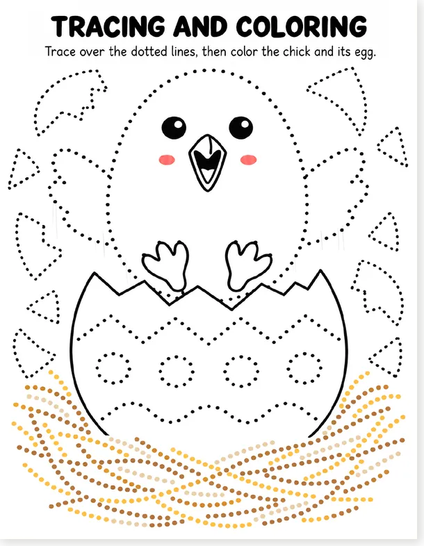 Trace and color worksheet: a chick hatching from its egg