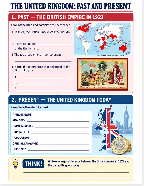 The United Kingdom past and present worksheet, new version with map and identity card