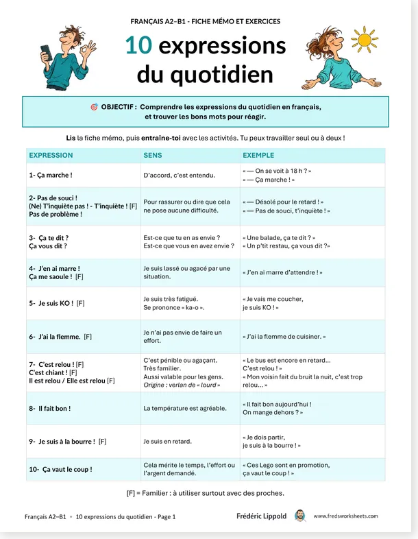 Everyday French Expressions: 3 Worksheets for A2–B1 (with free PDF ...
