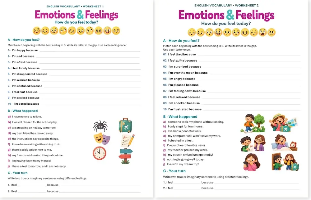 Read more about the article Emotions & Feelings Worksheets – English A1-A2 (Free PDF)