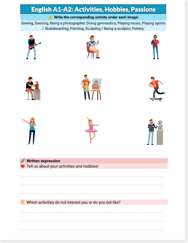 Worksheet preview: Activities and Hobbies Worksheet - English A1-A2 (Free PDF) 🎨