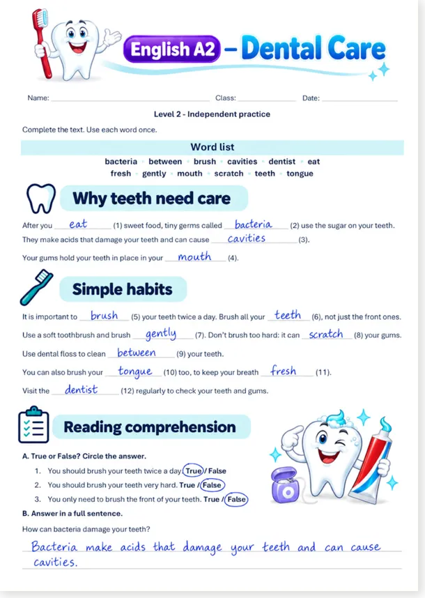 A2 dental care answer key preview