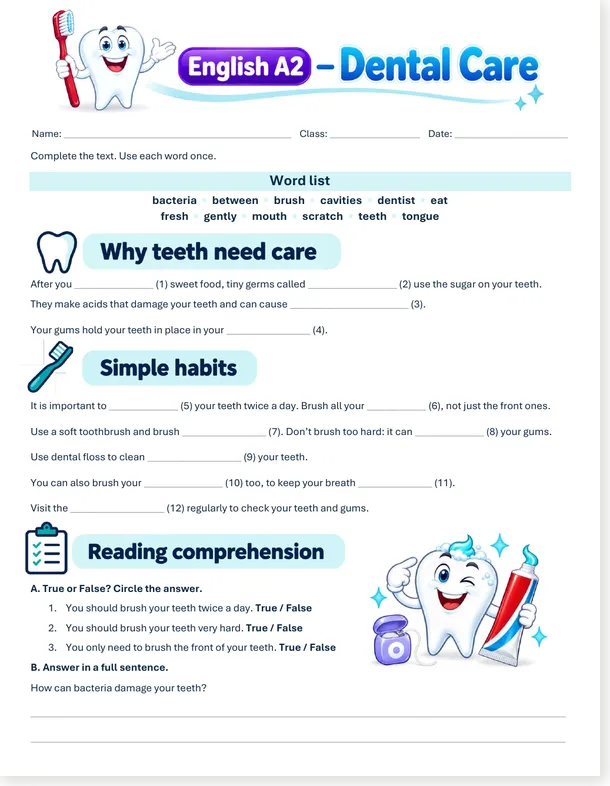 Worksheet preview: Dental Care: English A2 Worksheet
