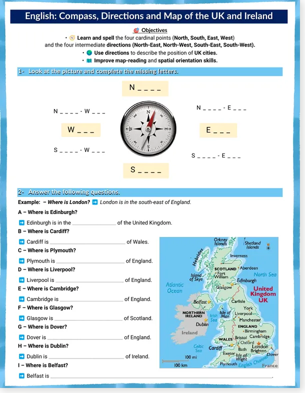 Worksheet preview: Compass Directions Worksheet: UK and Ireland Map (A1–A2)