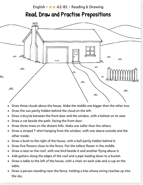 Worksheet preview: English Prepositions Worksheet: Read and Draw (A1-A2 & A2-B1): image 2